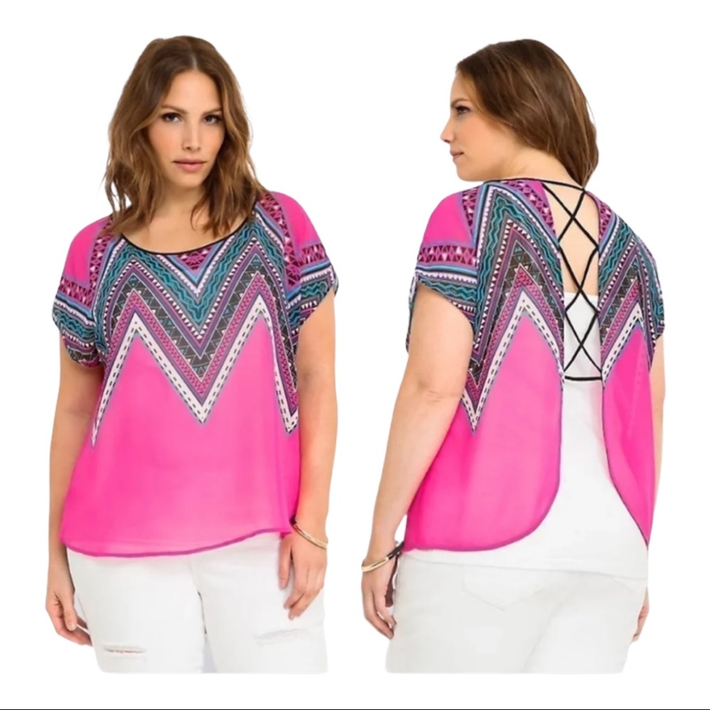 Torrid Size 1X Pink Multicolor Chevron Cut Out Semi-Sheer Short Sleeve Blouse